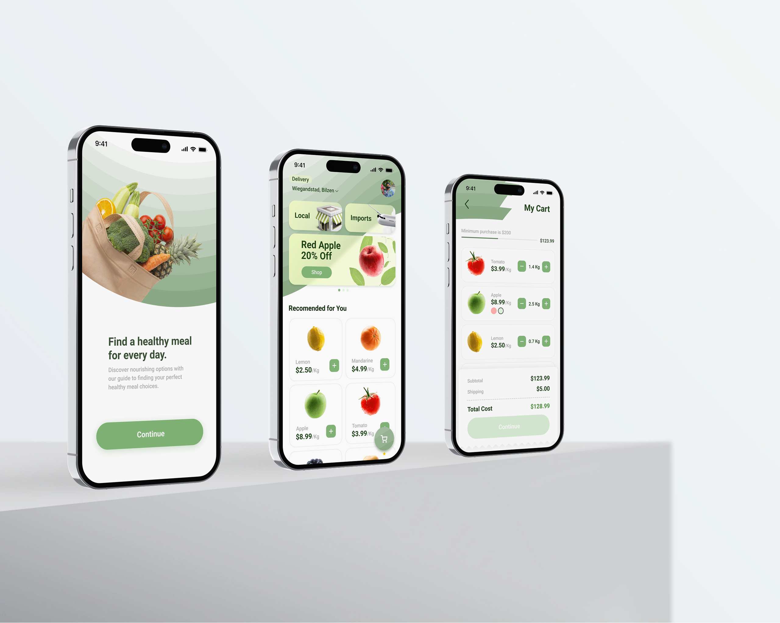 Green Grocer app shown on three phones