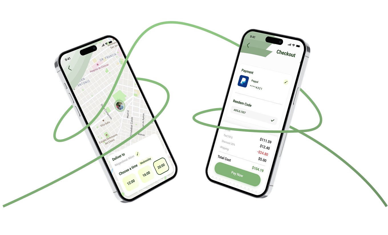 Map and checkout screens of Green Grocer connected by a flow line