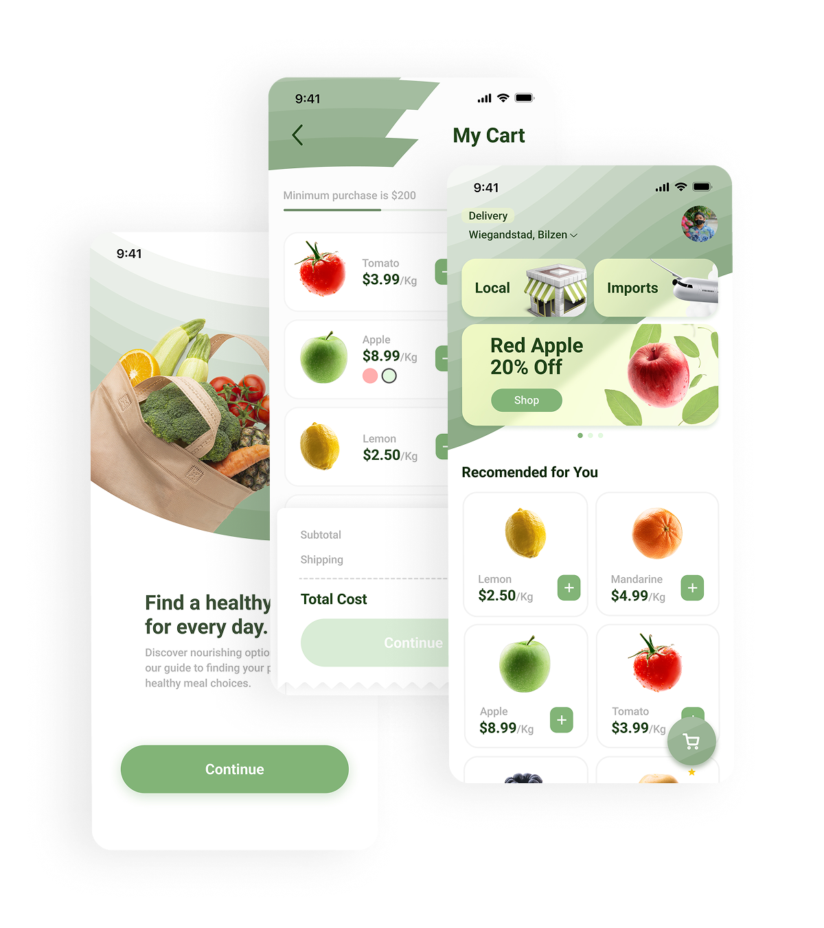 Green Grocer app screens: product list, cart and welcome screen