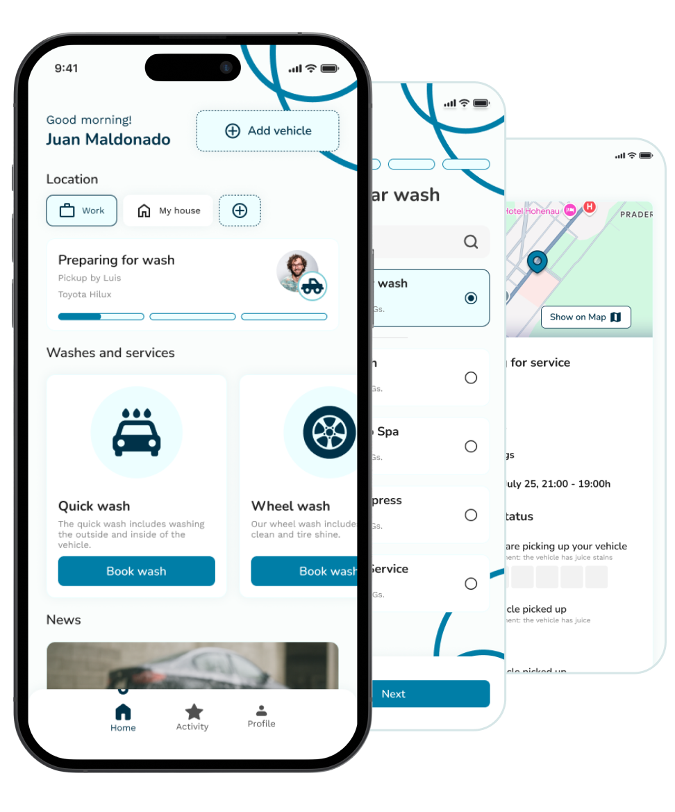 Lava Bugs app screens for scheduling a car wash