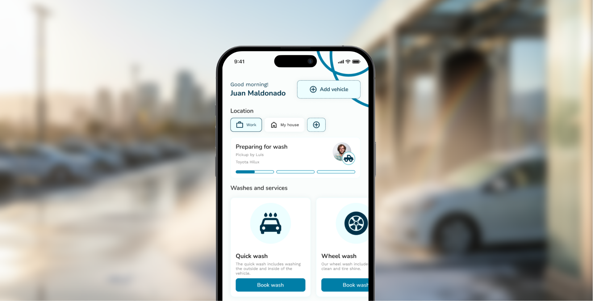 Lava Bugs app shown on phones over a car wash background